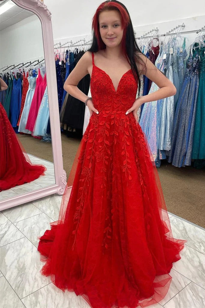 V Neck Lace Red Prom Dresses UK A Line ...